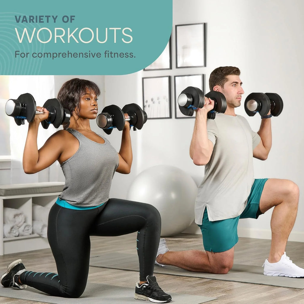 Powerflow plus Adjustable Dumbbell Set - 5In1, 25 Lb Each, Home Workout Equipment, 2 Pack with Rack