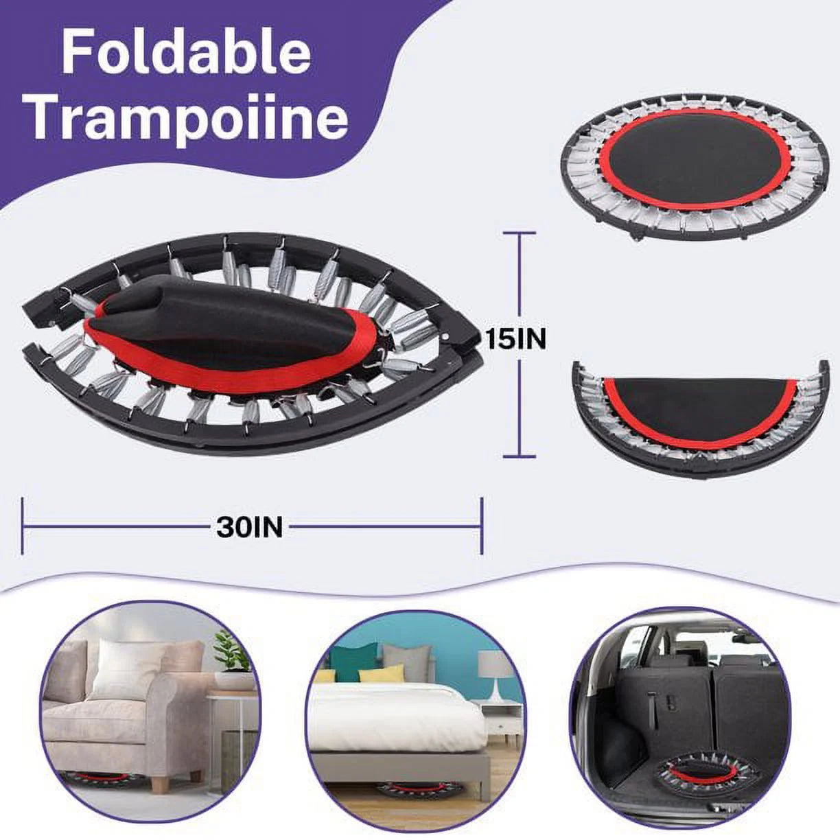Foldable Mini Trampoline, 40" Rebounder Trampoline for Adults, Indoor Fitness Trampoline Exercise Workout Rebounder with Durable Bungees Outdoor/Garden