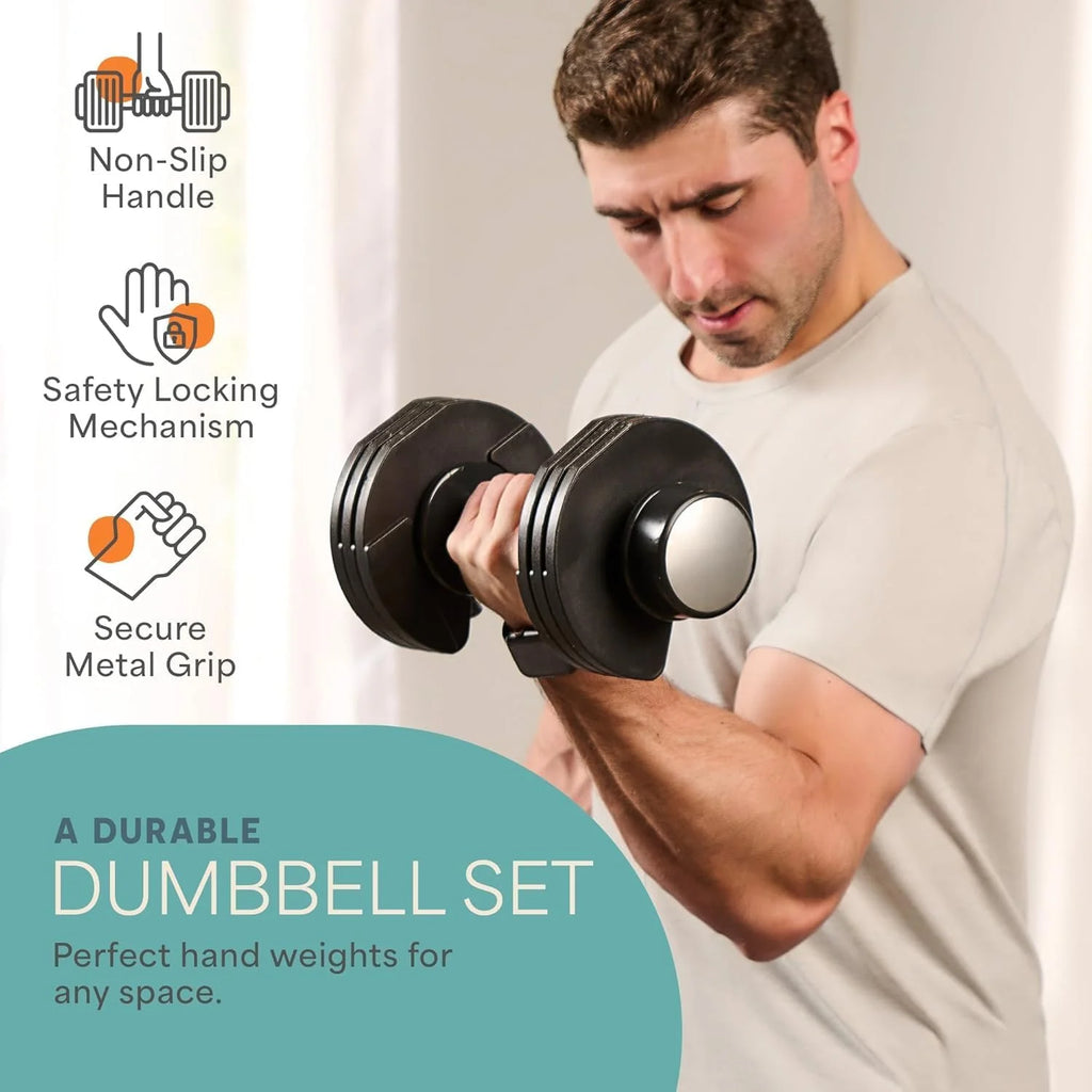 Powerflow plus Adjustable Dumbbell Set - 5In1, 25 Lb Each, Home Workout Equipment, 2 Pack with Rack