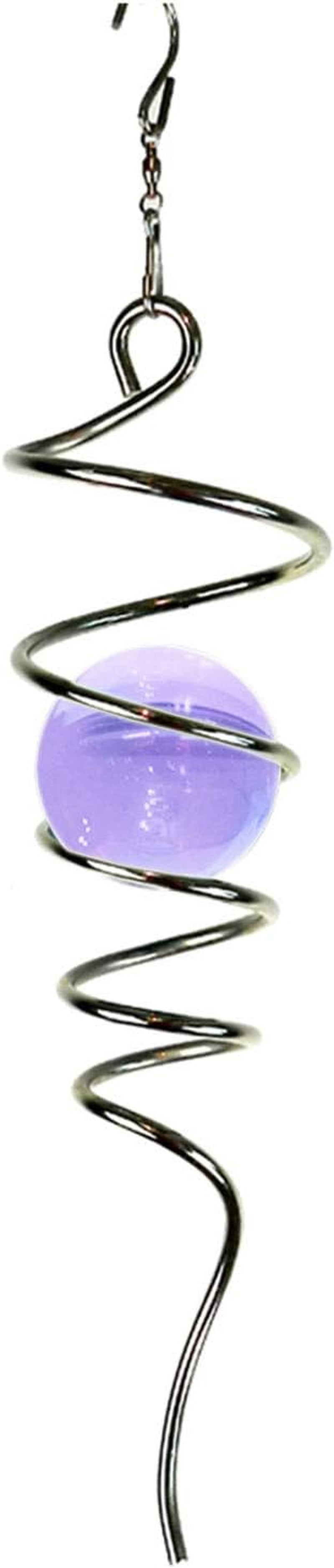 Purple Gazing Ball Spiral Tail Wind Spinner Stabilizer with Swivel Hook 11Inch Stainless Steel Tail and 2 Inch Purple Glass Orb. Indoor Outdoor Garden Decoration Hanging Ornaments