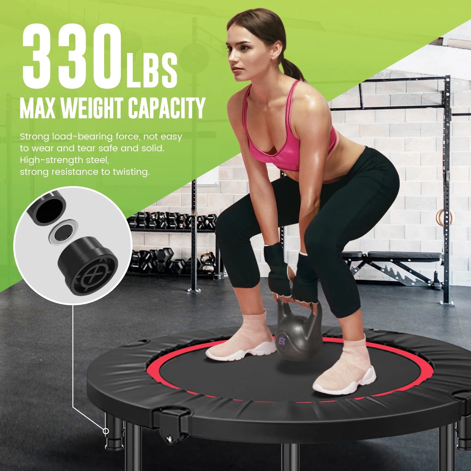 48" Foldable Fitness Mini Trampoline Rebounder, Exercise Rebounder with Resistance Bands, Rebounder Mini Trampoline for Adults, Fitness with Adjustable Handle
