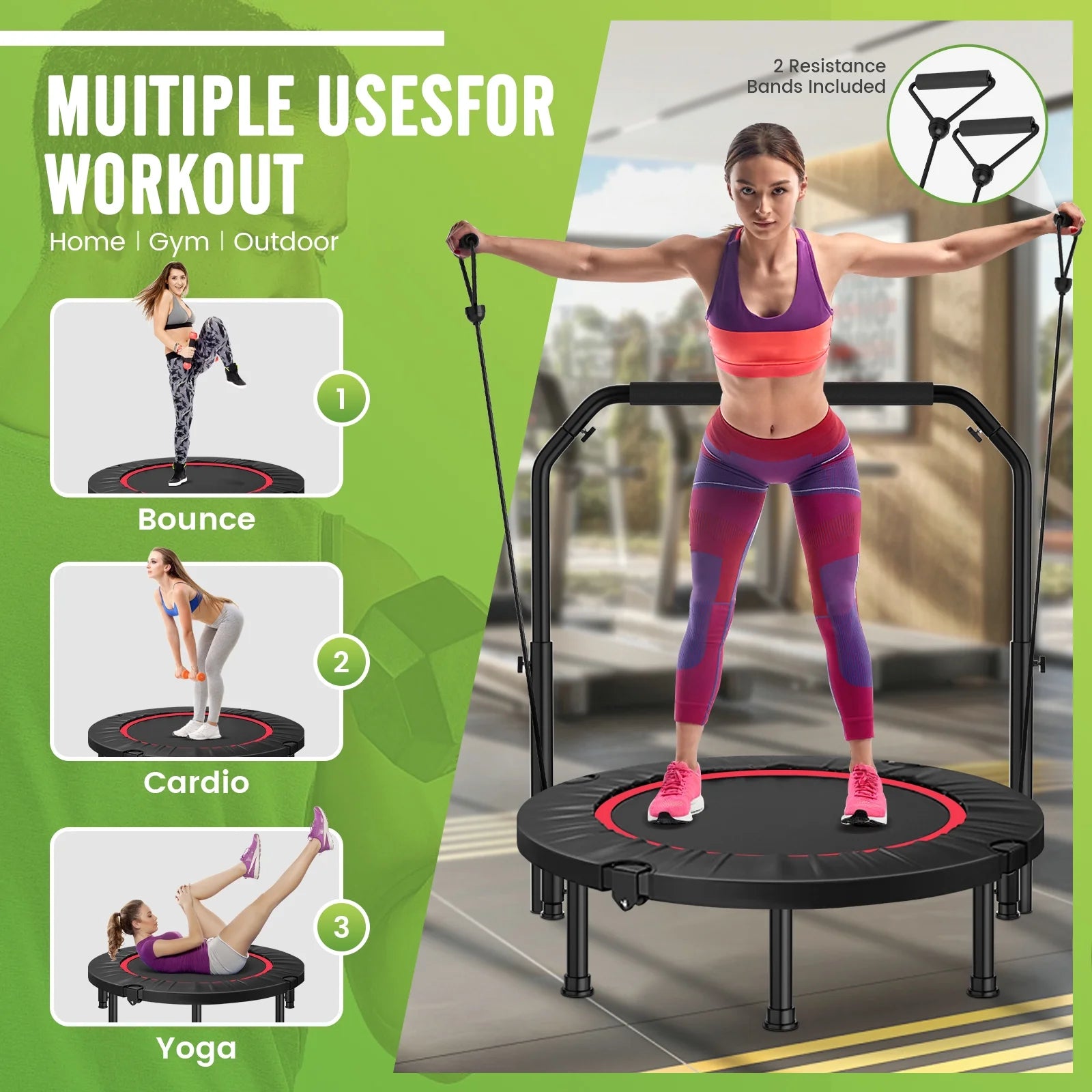 48" Foldable Fitness Mini Trampoline Rebounder, Exercise Rebounder with Resistance Bands, Rebounder Mini Trampoline for Adults, Fitness with Adjustable Handle