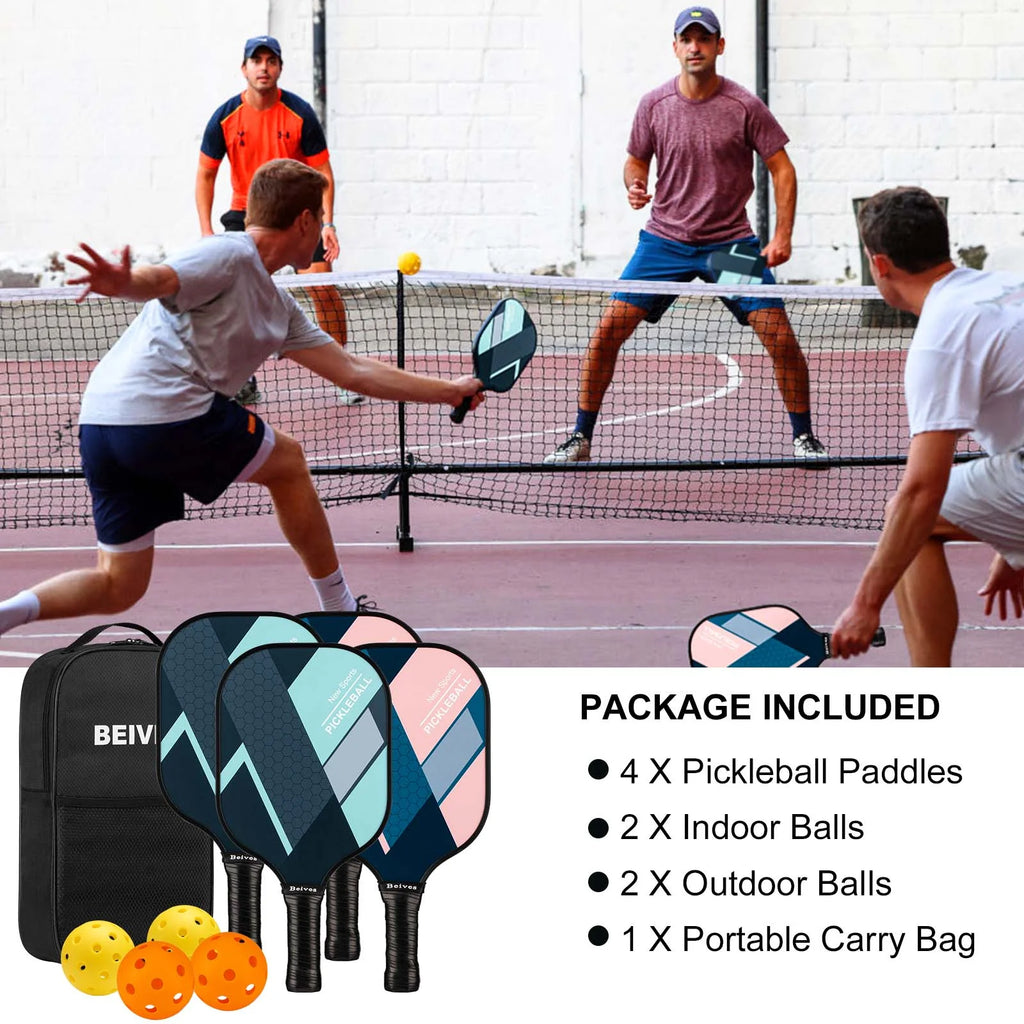 Pickleball Paddles Set of 4 with 4 Balls & Carry Bag - Lightweight 7.9Oz Fiberglass Racket, Non-Slip Comfort Grip, for Men & Women