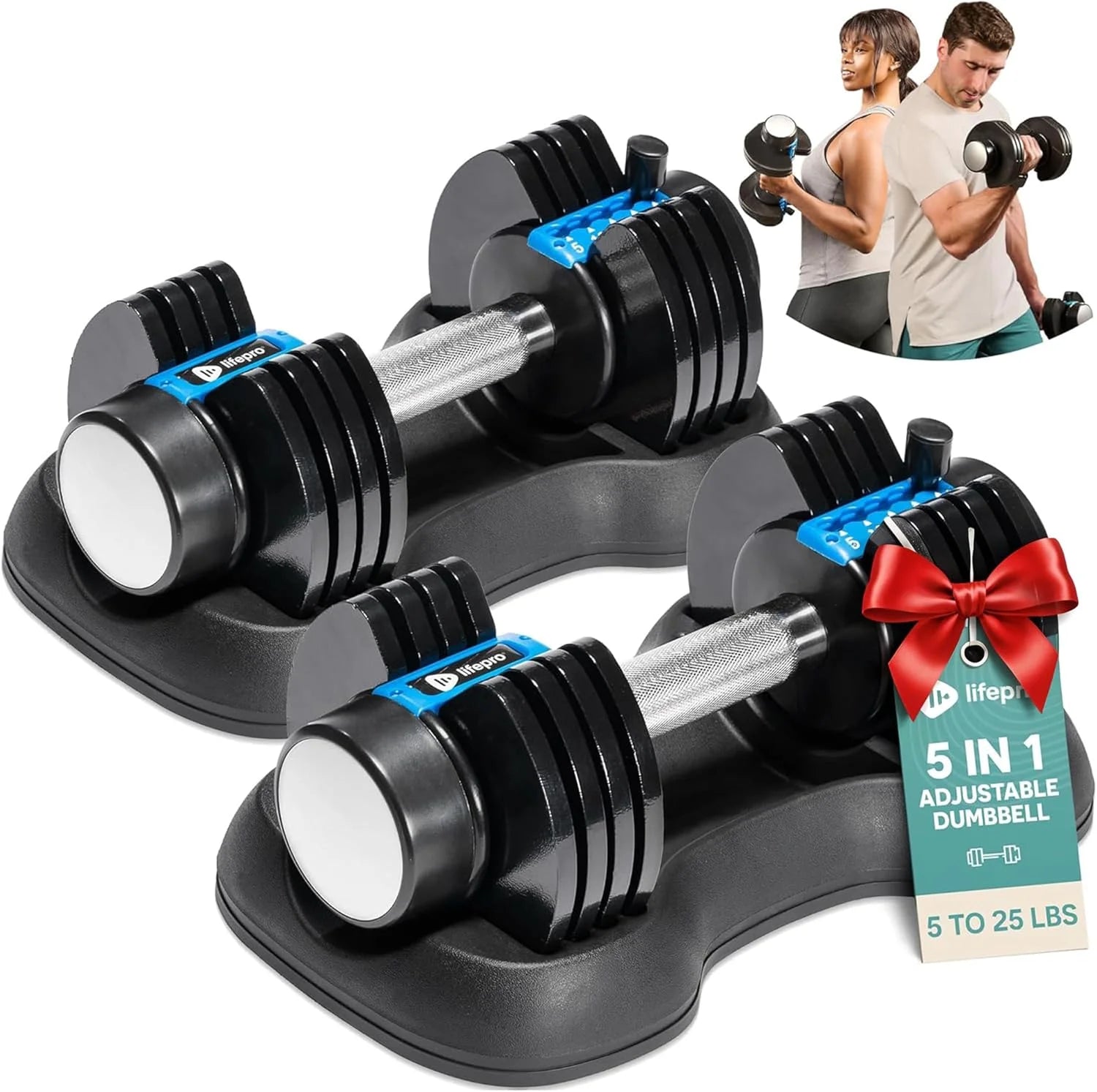 Powerflow plus Adjustable Dumbbell Set - 5In1, 25 Lb Each, Home Workout Equipment, 2 Pack with Rack