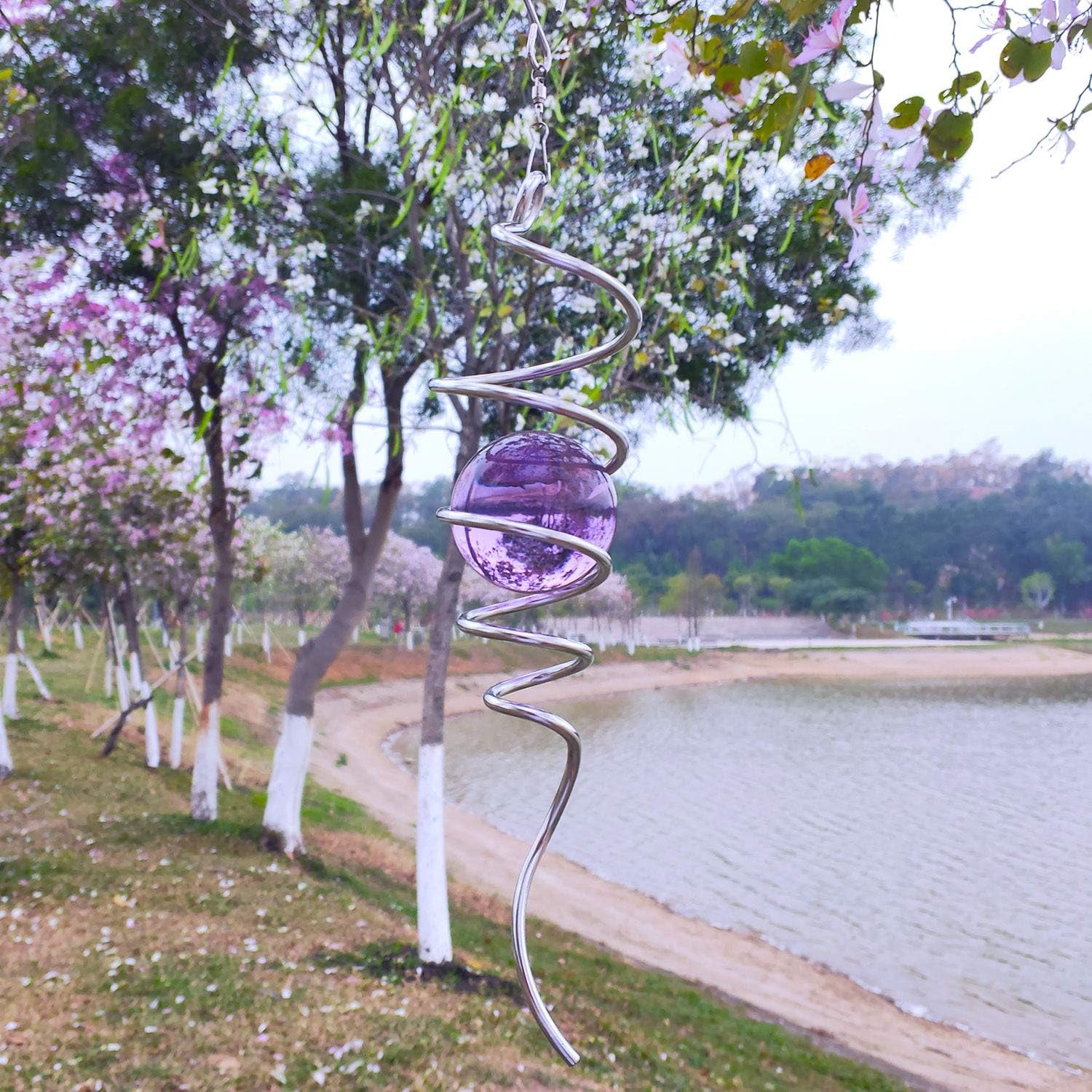 Purple Gazing Ball Spiral Tail Wind Spinner Stabilizer with Swivel Hook 11Inch Stainless Steel Tail and 2 Inch Purple Glass Orb. Indoor Outdoor Garden Decoration Hanging Ornaments