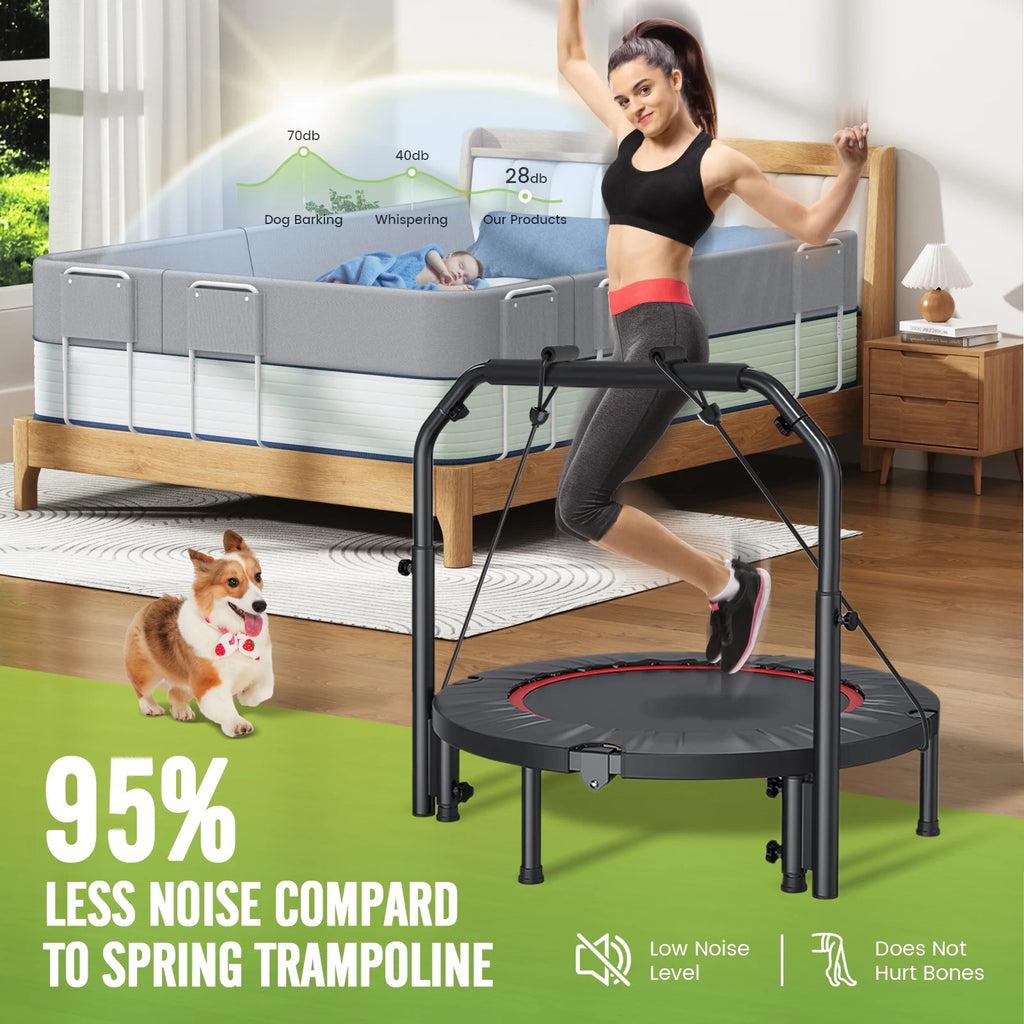48" Foldable Fitness Mini Trampoline Rebounder, Exercise Rebounder with Resistance Bands, Rebounder Mini Trampoline for Adults, Fitness with Adjustable Handle
