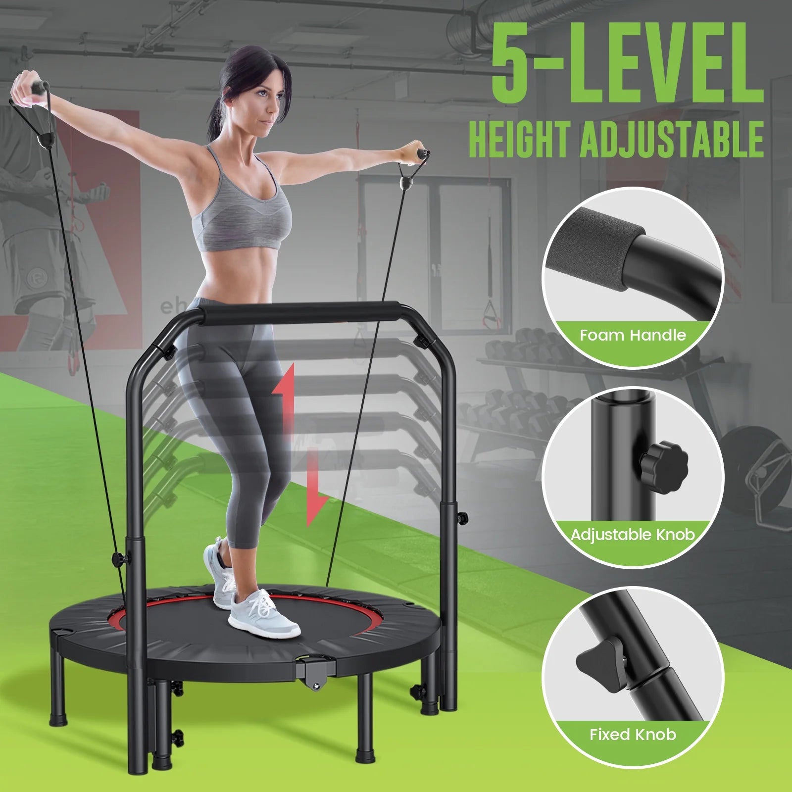 48" Foldable Fitness Mini Trampoline Rebounder, Exercise Rebounder with Resistance Bands, Rebounder Mini Trampoline for Adults, Fitness with Adjustable Handle
