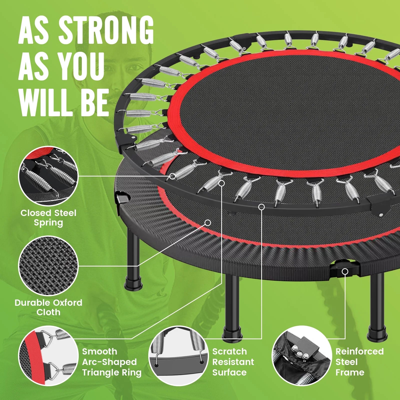 48" Foldable Fitness Mini Trampoline Rebounder, Exercise Rebounder with Resistance Bands, Rebounder Mini Trampoline for Adults, Fitness with Adjustable Handle