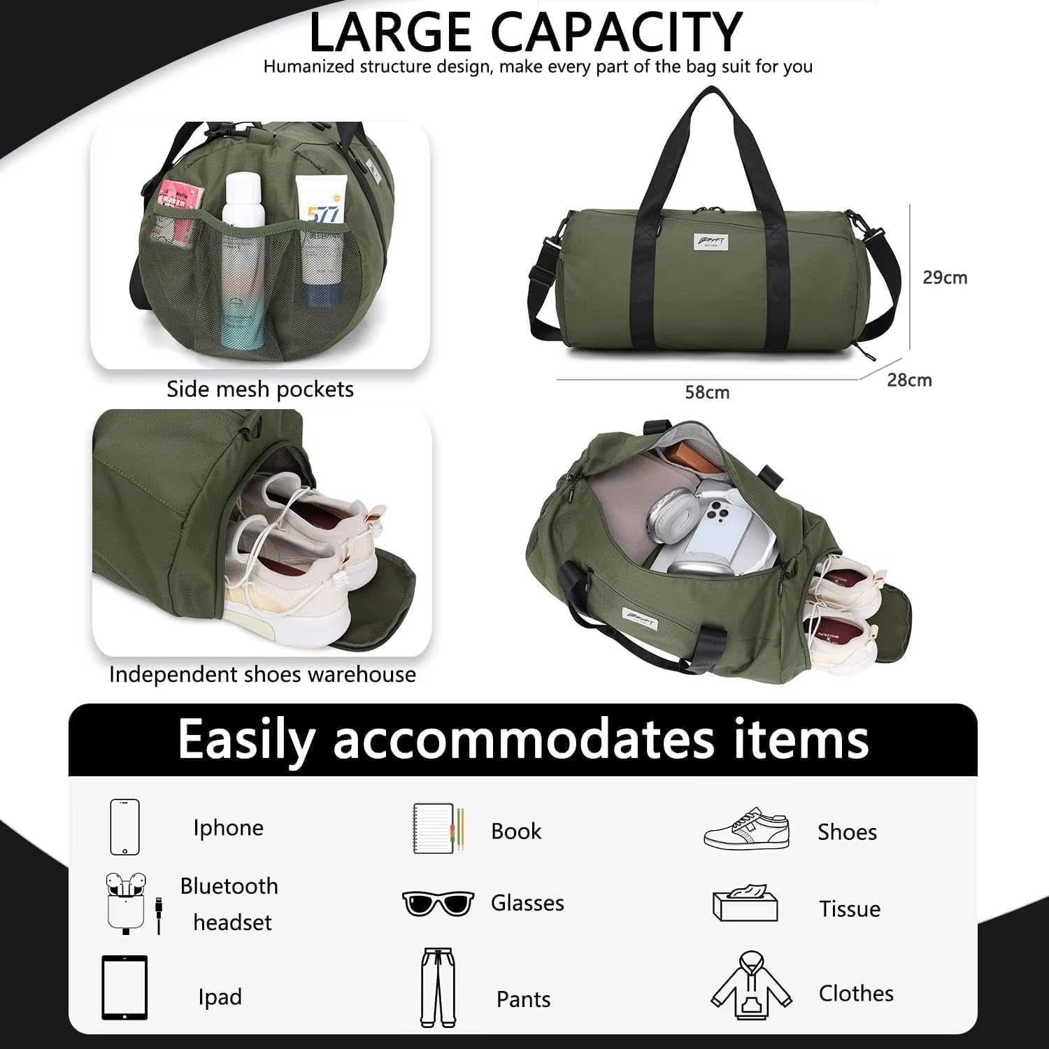 BE SMART Waterproof Men'S Gym Bag with Shoe Compartment, Lightweight Large Duffel for Travel, Sports & Fitness (Olive Green)