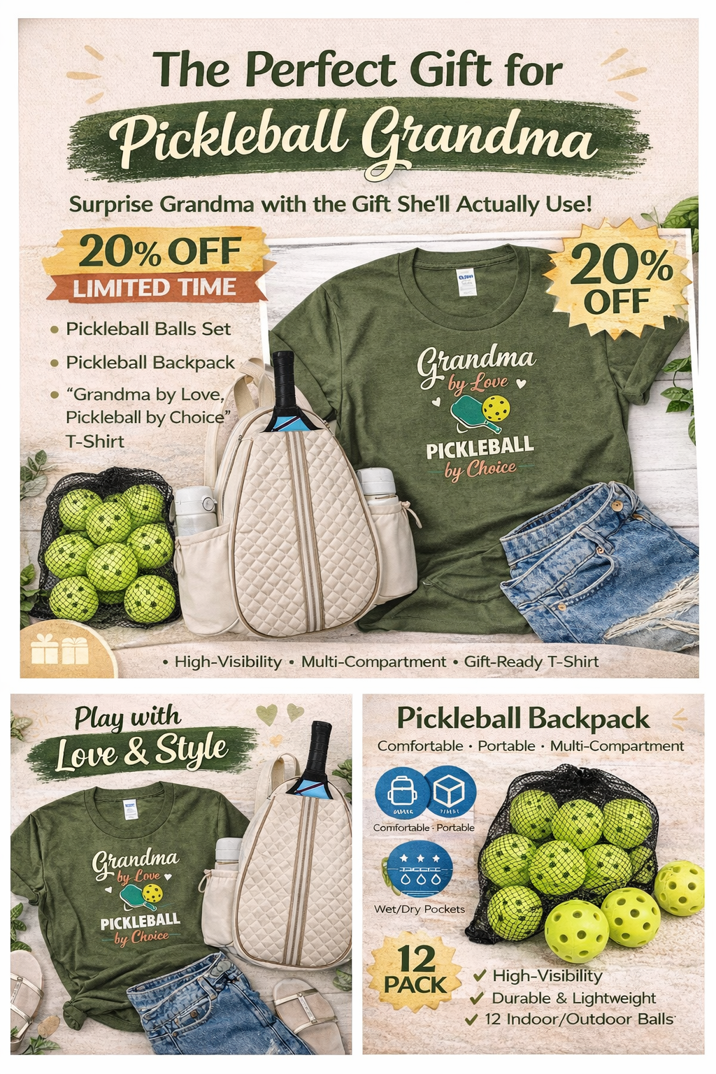 Grandma Pickleball Gift Bundle – Pickleball Backpack, Balls Set & Funny Grandma Shirt – Perfect Gift for Pickleball Lovers