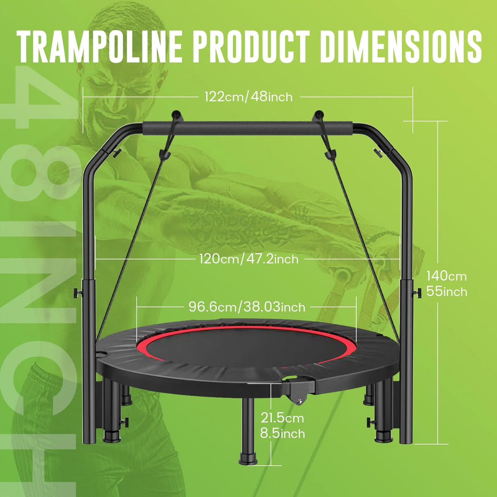 48" Foldable Fitness Mini Trampoline Rebounder, Exercise Rebounder with Resistance Bands, Rebounder Mini Trampoline for Adults, Fitness with Adjustable Handle