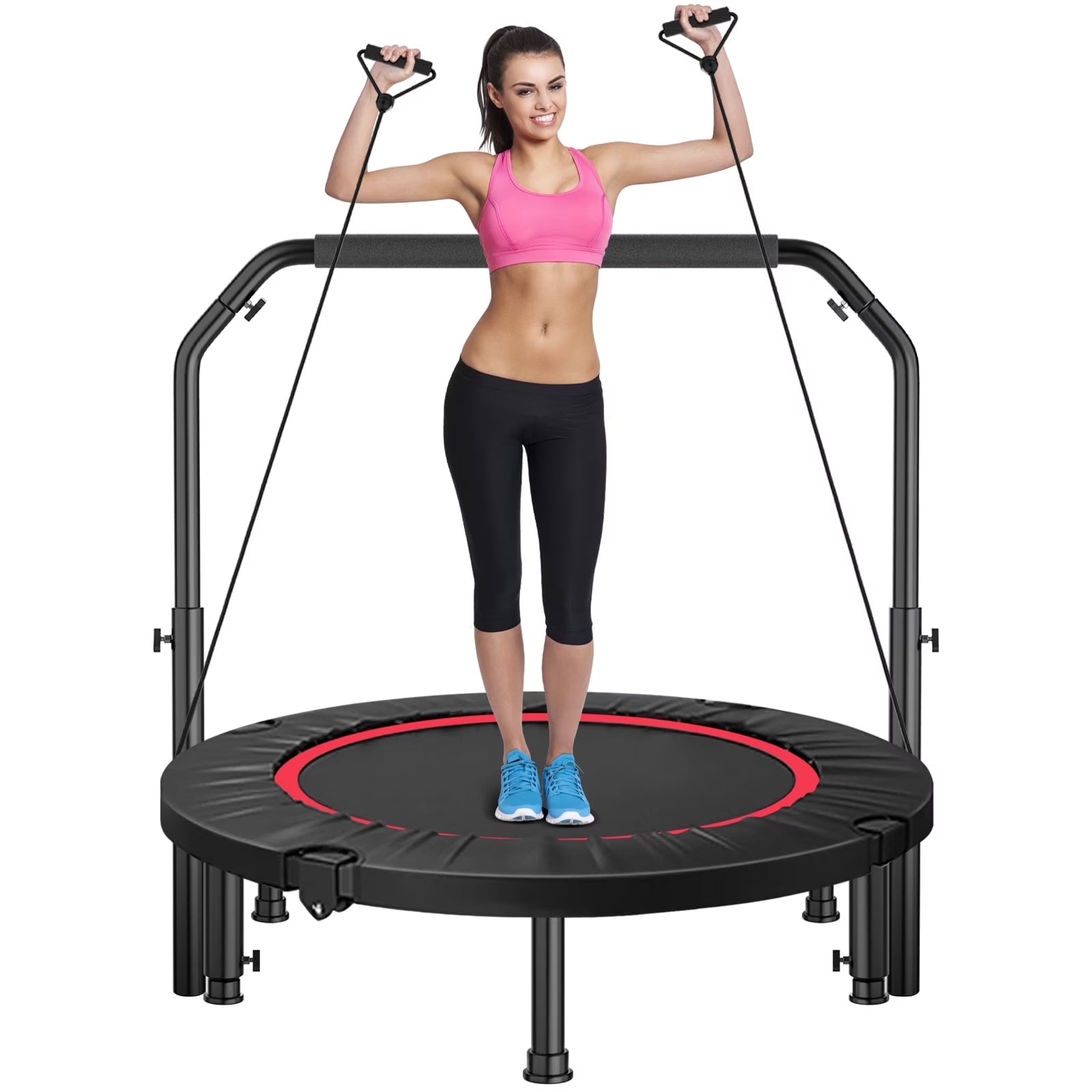 48" Foldable Fitness Mini Trampoline Rebounder, Exercise Rebounder with Resistance Bands, Rebounder Mini Trampoline for Adults, Fitness with Adjustable Handle