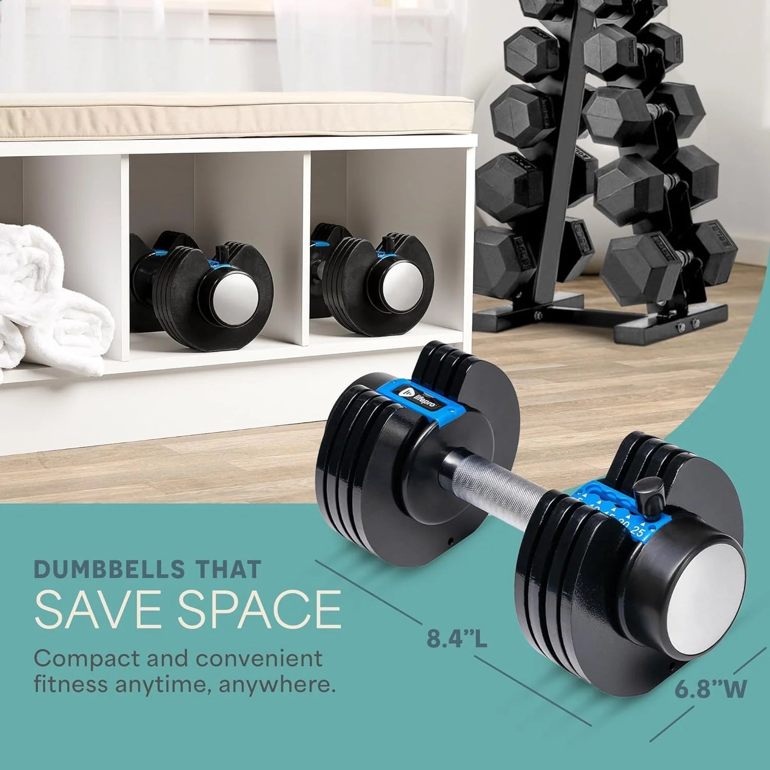 Powerflow plus Adjustable Dumbbell Set - 5In1, 25 Lb Each, Home Workout Equipment, 2 Pack with Rack