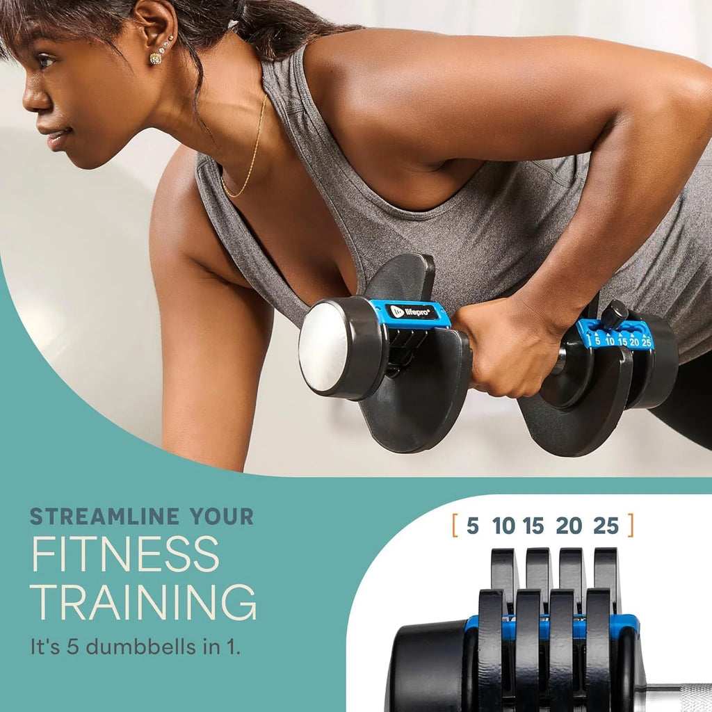 Powerflow plus Adjustable Dumbbell Set - 5In1, 25 Lb Each, Home Workout Equipment, 2 Pack with Rack