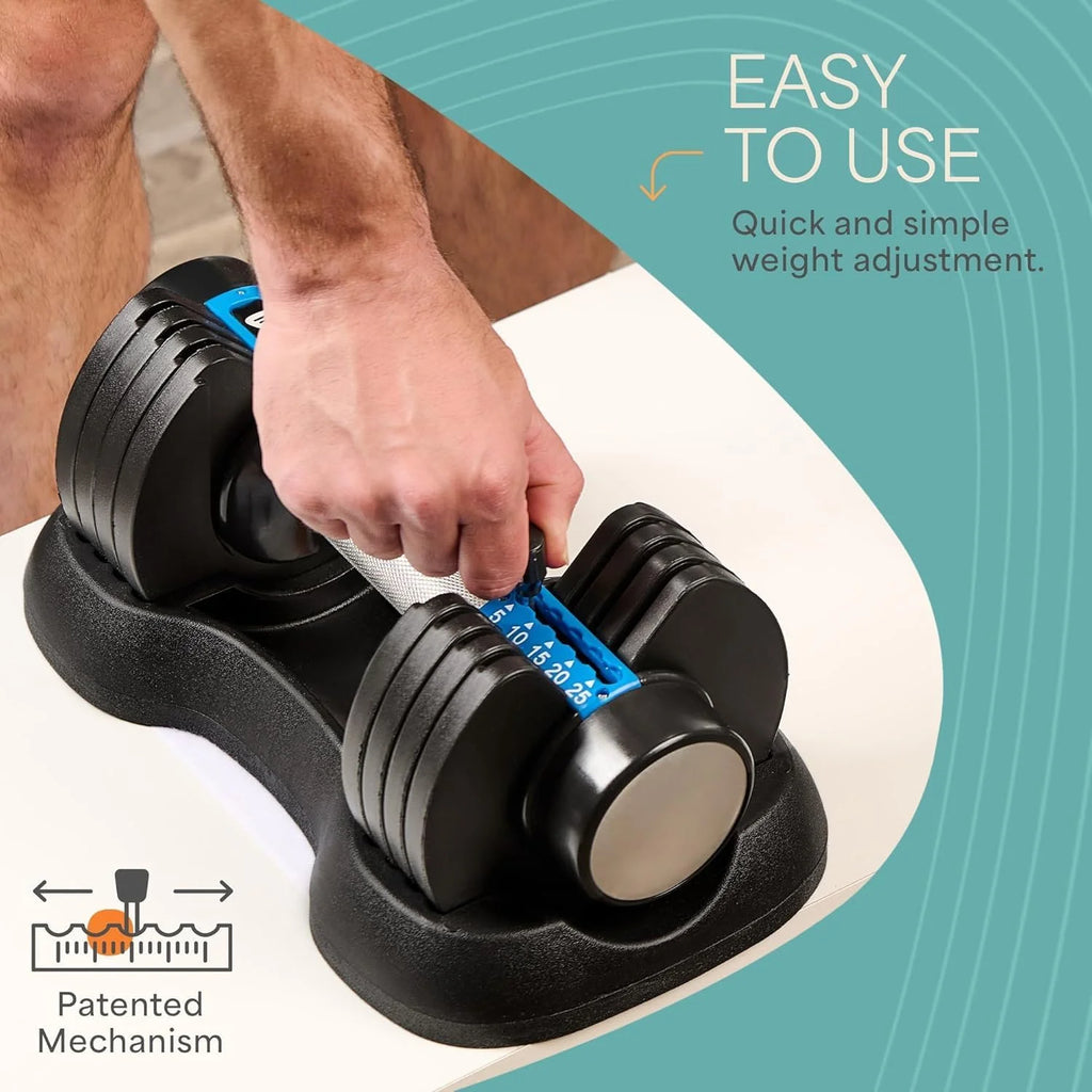 Powerflow plus Adjustable Dumbbell Set - 5In1, 25 Lb Each, Home Workout Equipment, 2 Pack with Rack