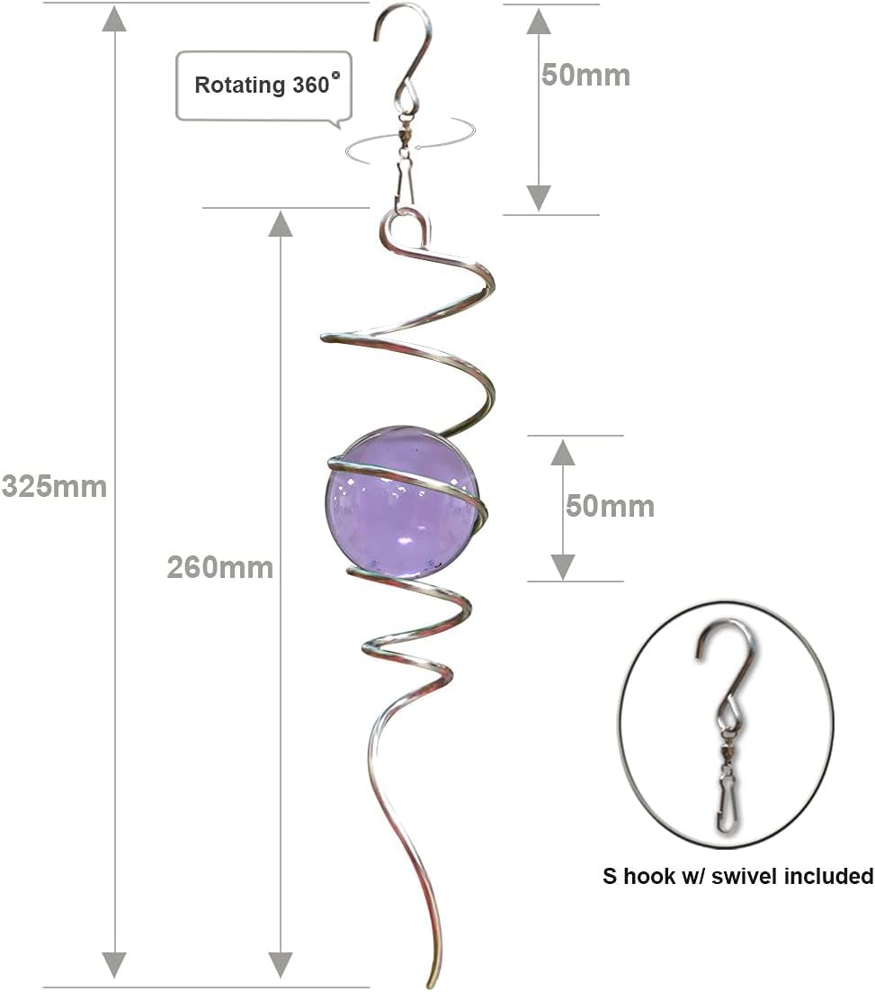 Purple Gazing Ball Spiral Tail Wind Spinner Stabilizer with Swivel Hook 11Inch Stainless Steel Tail and 2 Inch Purple Glass Orb. Indoor Outdoor Garden Decoration Hanging Ornaments
