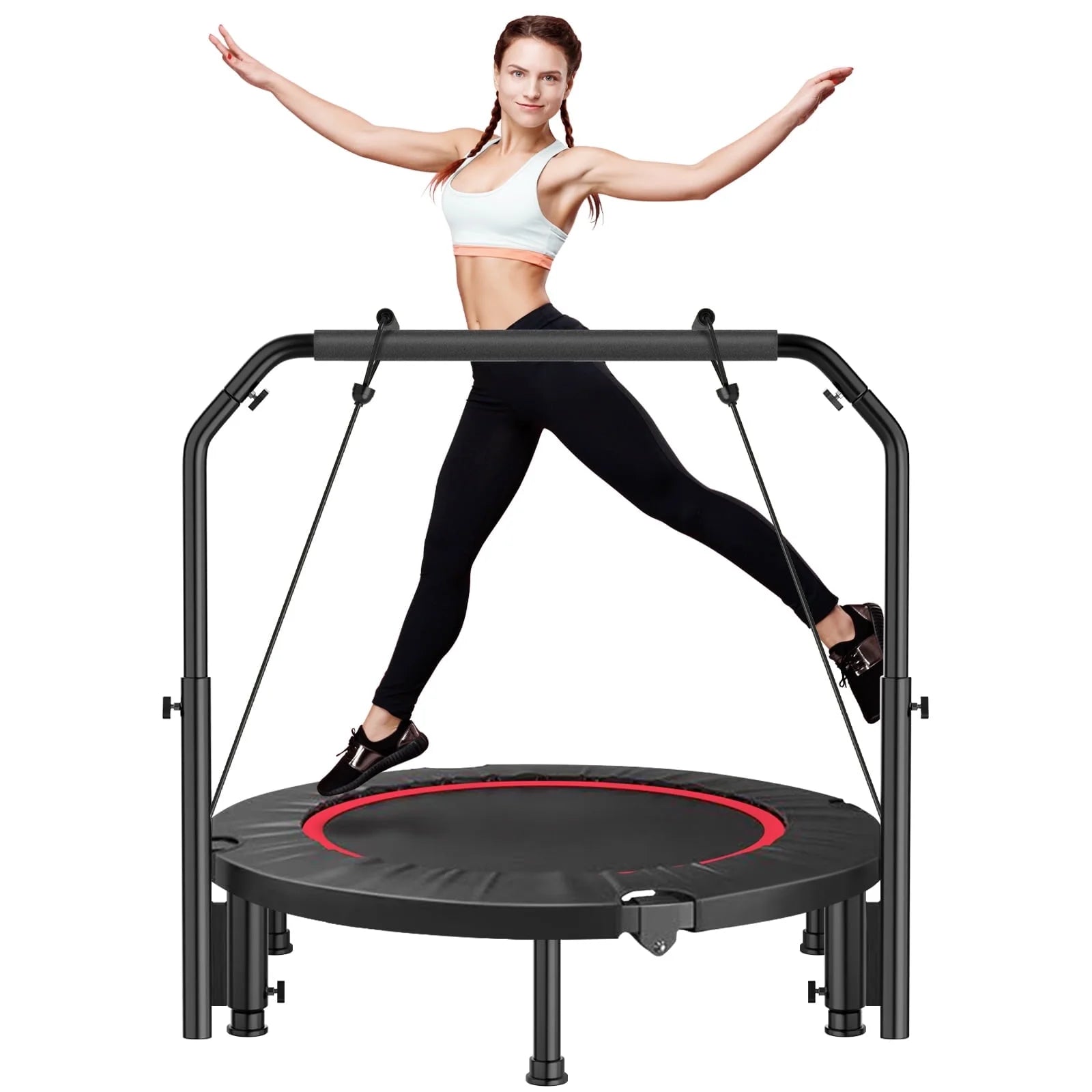 48" Foldable Fitness Mini Trampoline Rebounder, Exercise Rebounder with Resistance Bands, Rebounder Mini Trampoline for Adults, Fitness with Adjustable Handle